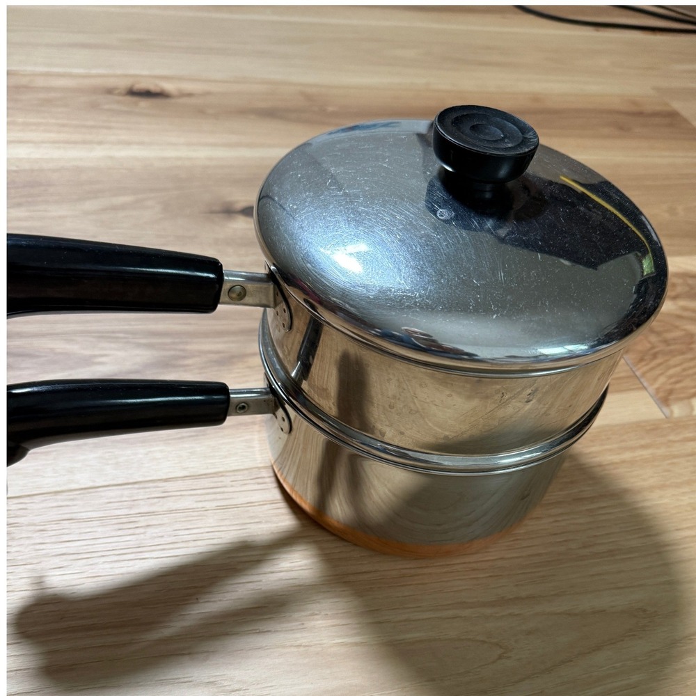 Revere Ware Double Boiler 2 Qt Copper Bottom Stainless Steel 3pc Set 01-F